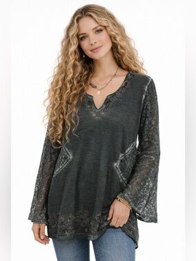 Gimmicks BKE Charcoal Burnout Lace Bell Sleeve Top Boho Hippie Embroidered
